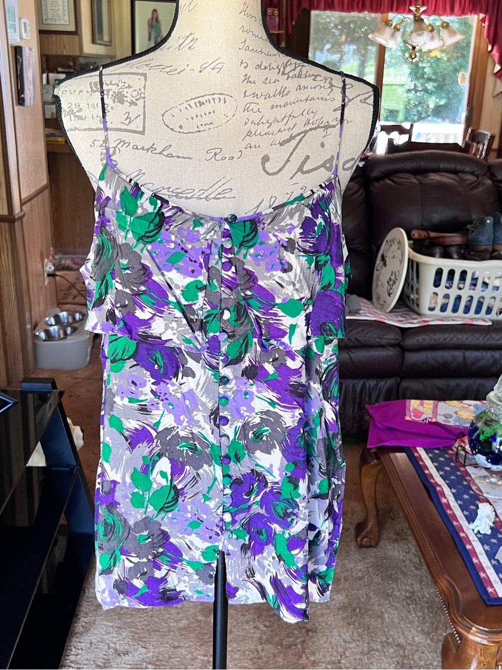 ELLE Button Front Tank Top in a purple and green abstract floral print.